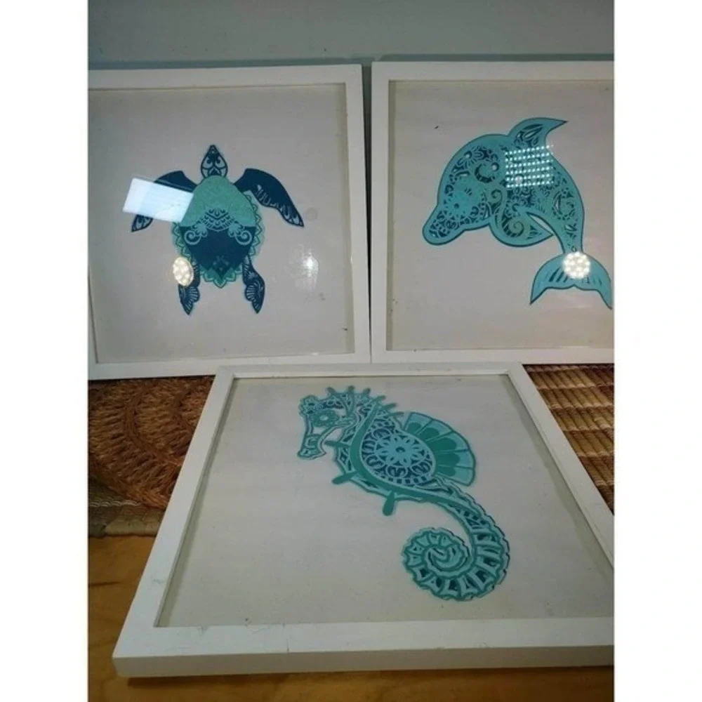 Coastal Sea Life Art Set of 3 Framed Dolphin Turtle Seahorse Teal Beach Decor